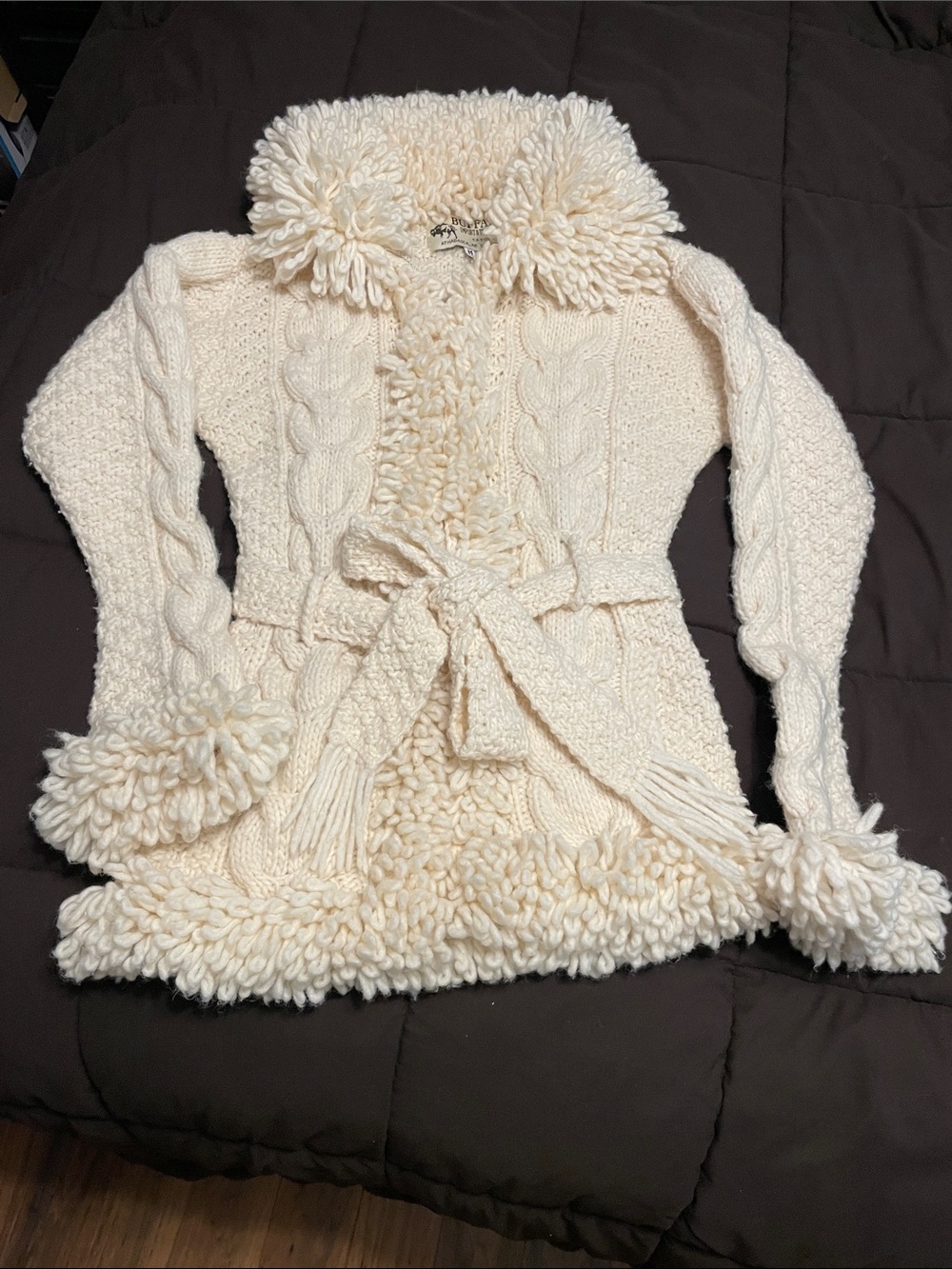 Chunky Cream Cable-Belted Cardigan with Pom Trim size Medium